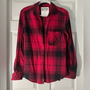 Garage Women’s Black and Red Plaid Flannel - Oversized Boyfriend Fit - X-Small